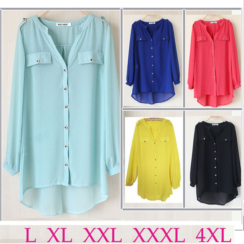 Plus Size XXXL4XL Women Chiffon Blouses Shirts Pockets Rivet Ladies